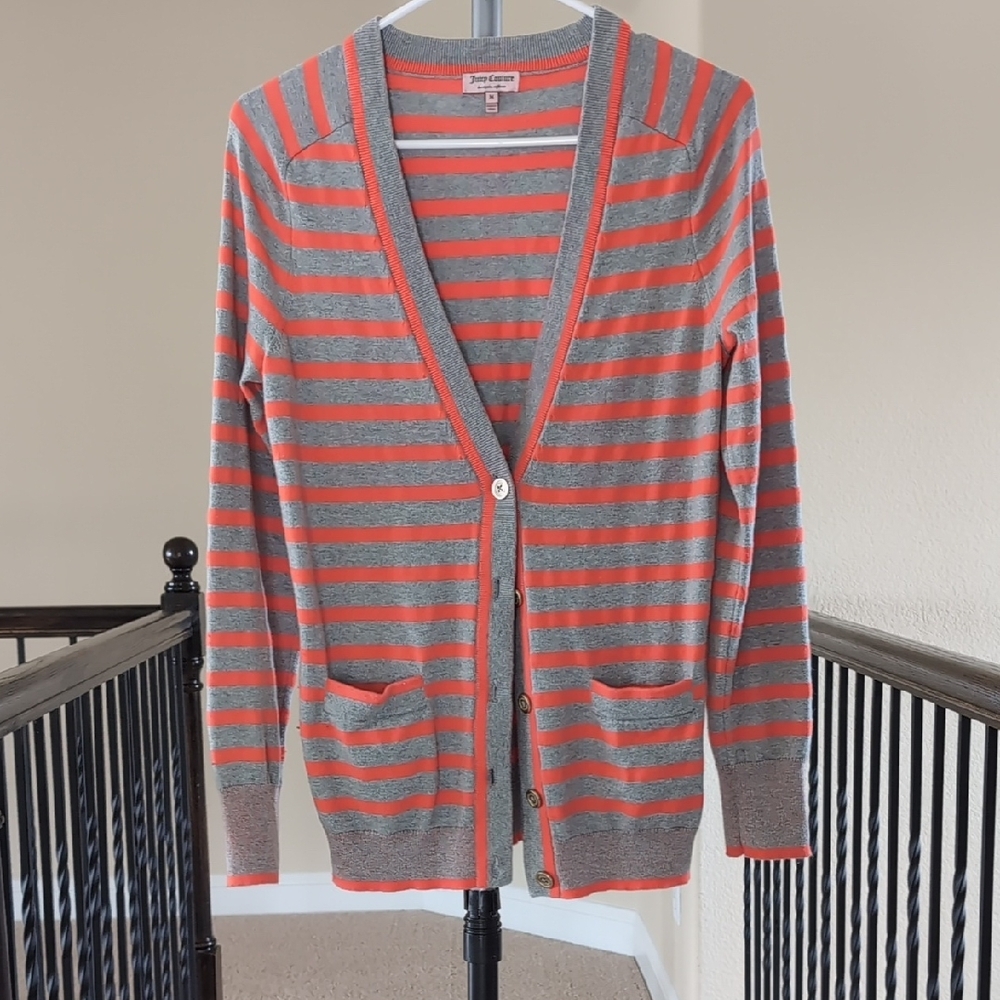 Juicy Couture Gray and Orange Striped Cardigan Sweater